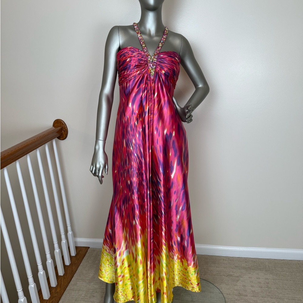La Femme Halter Pink Purple  Crystal Sequin Beaded Multicolor Prom Gown. Size 6